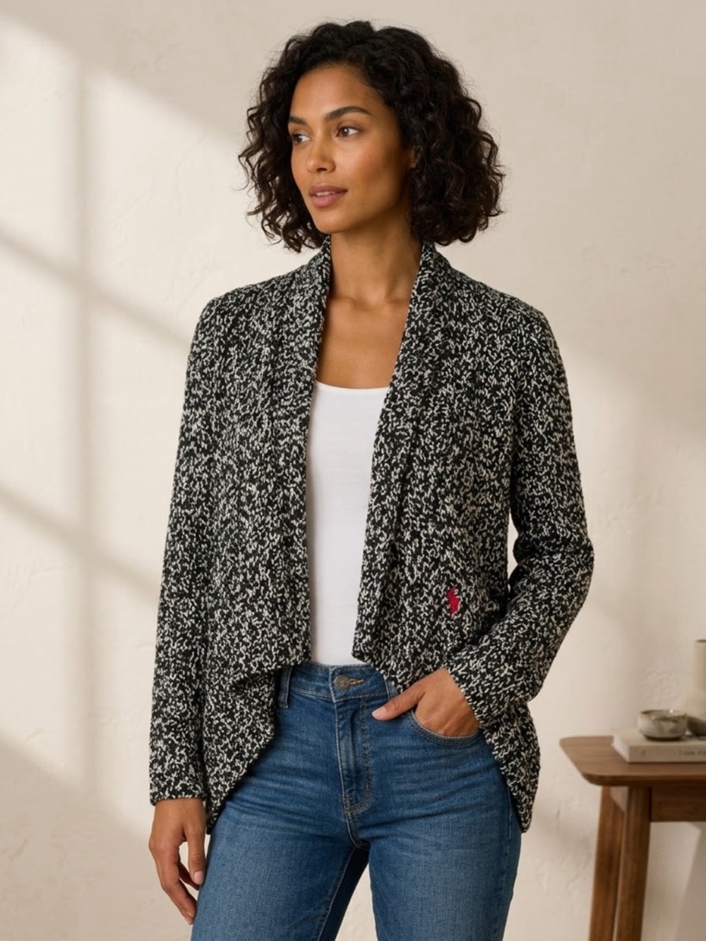 NWT Ralph Lauren Blue Label Ragg Cardigan Black&White Marled Cable Knit Women M